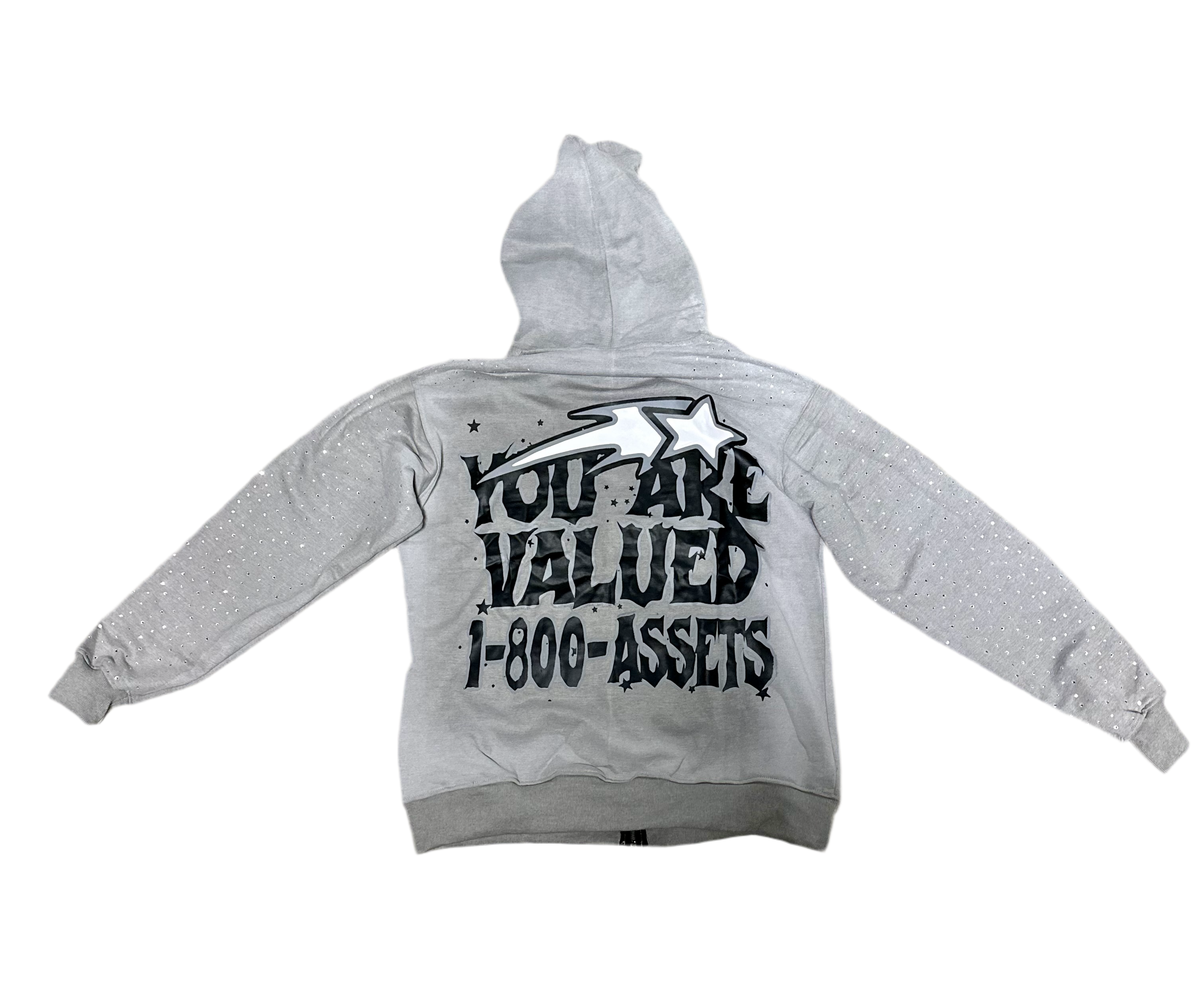 “You Are Valued” Gray Rhinestone Zip-Up