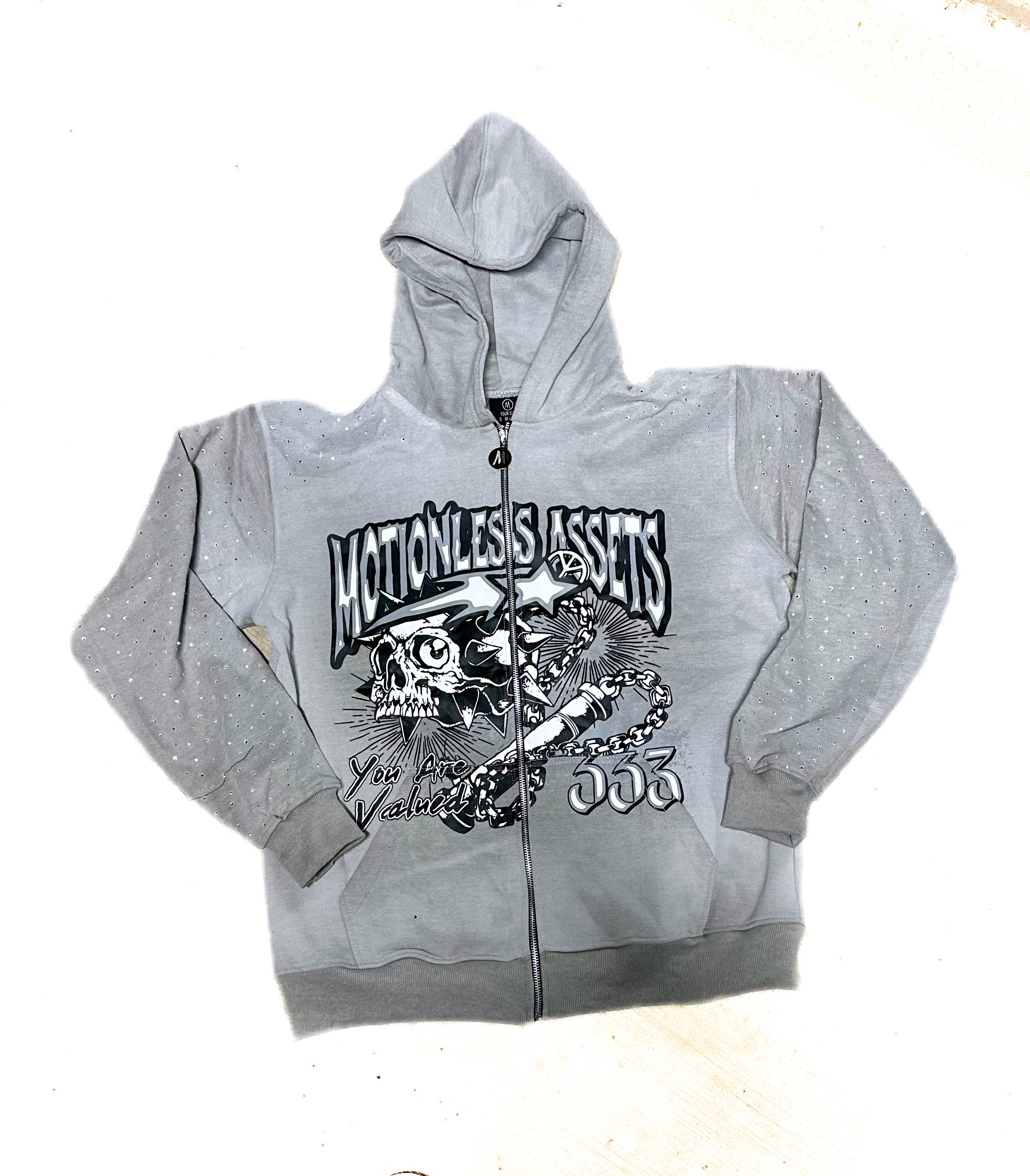 “You Are Valued” Gray Rhinestone Zip-Up